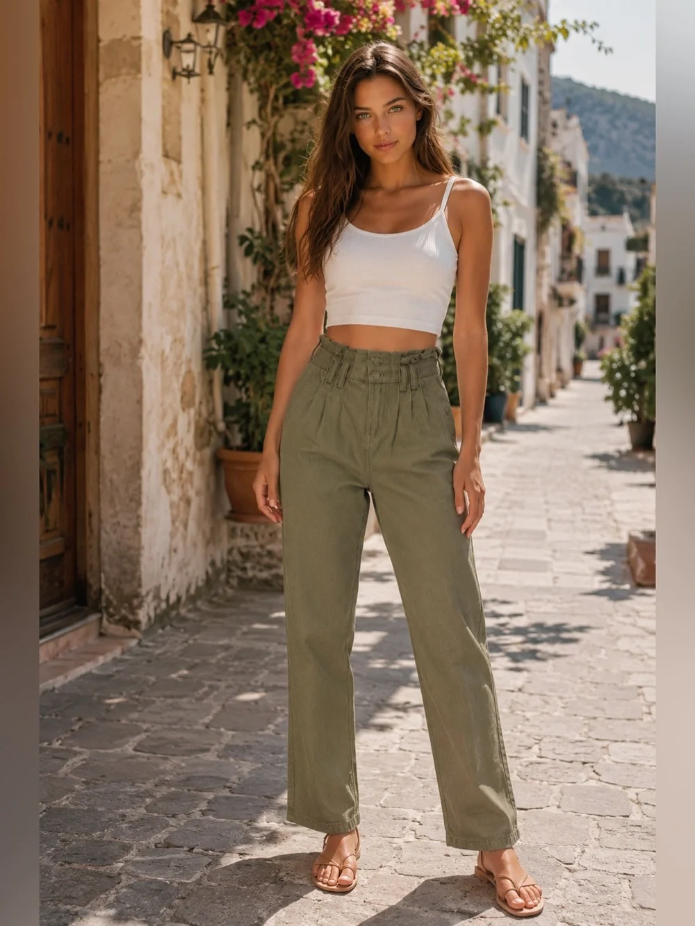 🩷Olive High-Rise Paperbag Straight Leg Pants